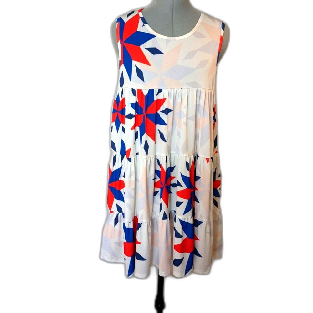 NWT Lily by Firmiana Colorful Geo Print Multi Tier Trapeze Knee Length Dress, S